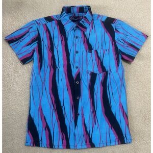 Warrior Miami Vein Button Up Shirt Mens Small Teal Purple Black Stripes Abstract